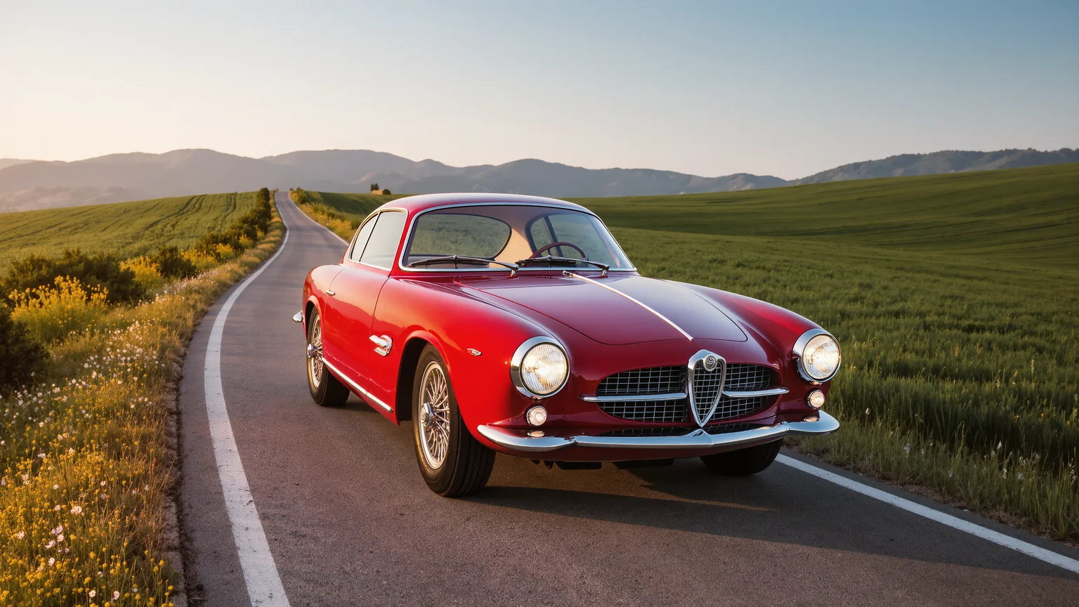 Klassische Alfa Romeo Giulia Limousine in kräftigem Rot auf einer Landstraße