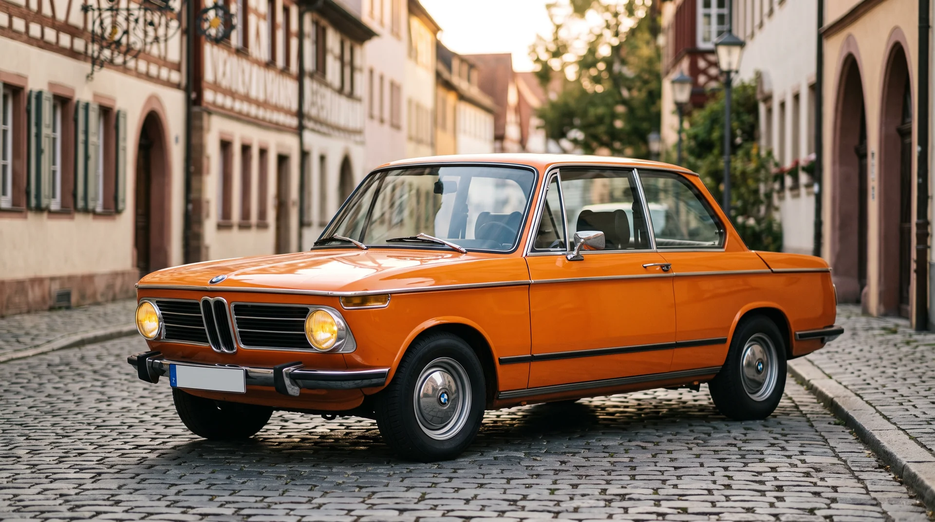 Inkaorangefarbener BMW 2002 der Neuen Klasse auf Kopfsteinpflaster vor Fachwerkhäusern