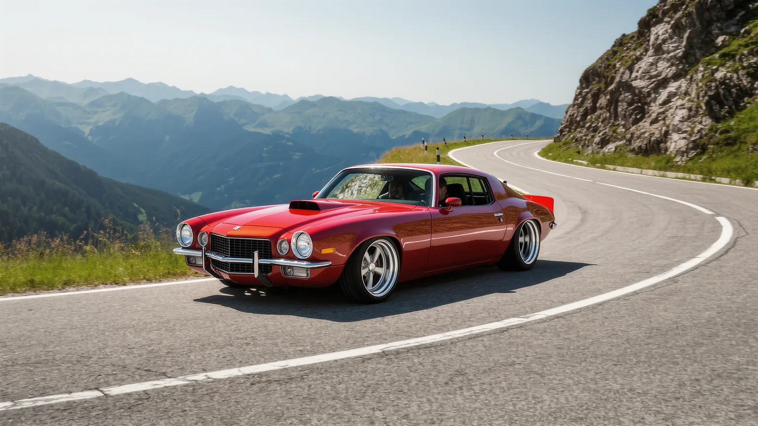 Klassischer BMW 2002 in kräftiger Farbe auf einer kurvigen Strecke