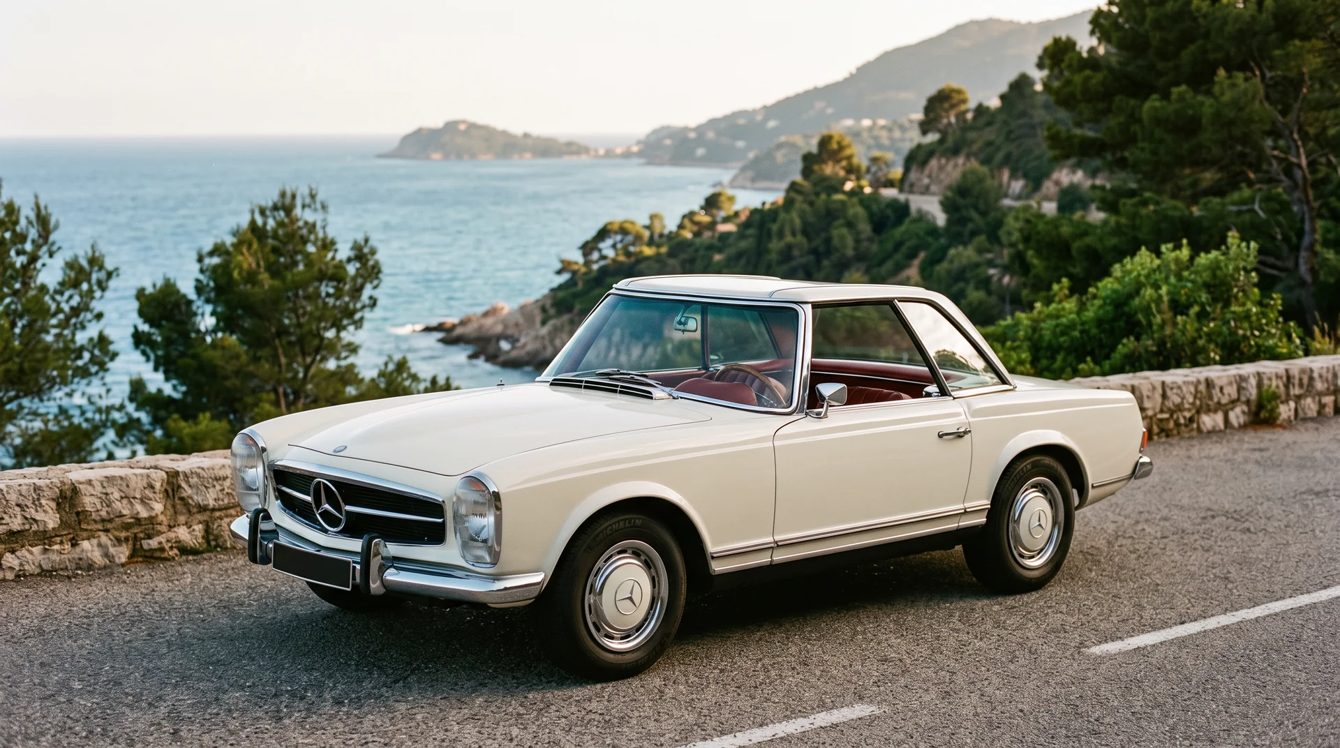 Weißer Mercedes-Benz 280 SL Pagode mit Hardtop an einer Küstenstraße am Mittelmeer