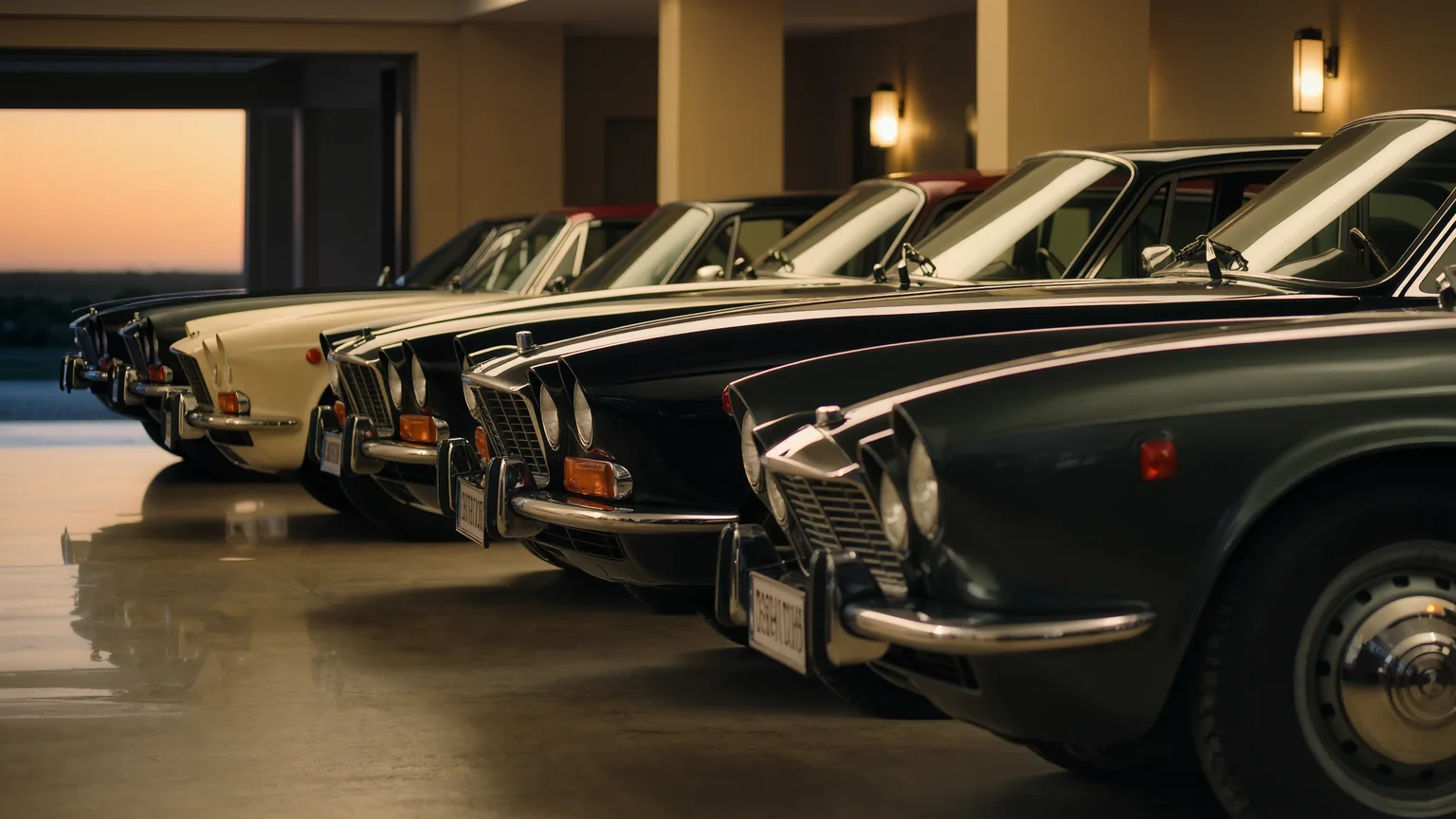 Reihe klassischer Sammlerfahrzeuge in einer eleganten Garage im Abendlicht