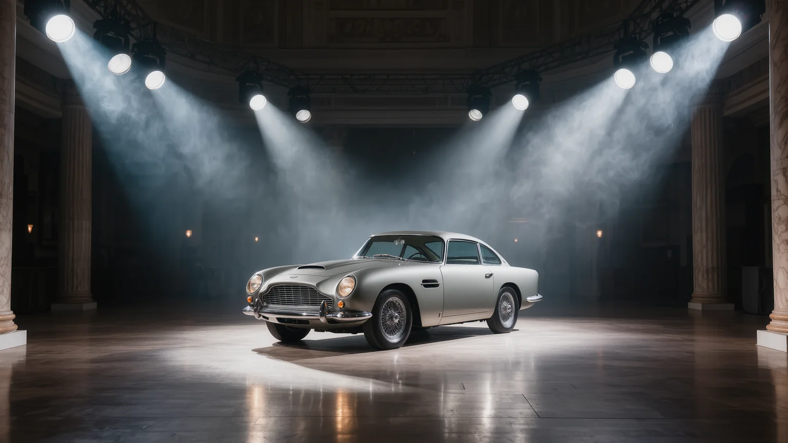 Klassisches Automobil auf einer eleganten Auktionsbühne im Scheinwerferlicht