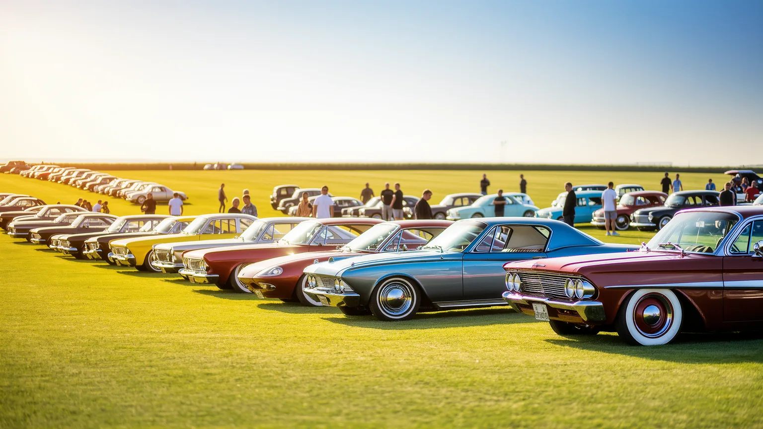 Menschen bei einem geselligen Oldtimer-Treffen mit klassischen Fahrzeugen