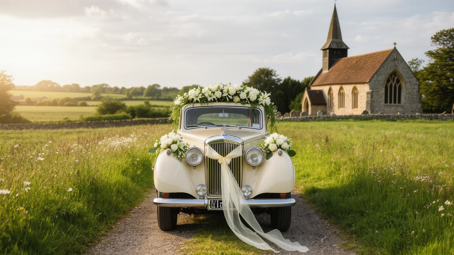 Festlich geschmückter Klassiker als eleganter Hochzeitswagen