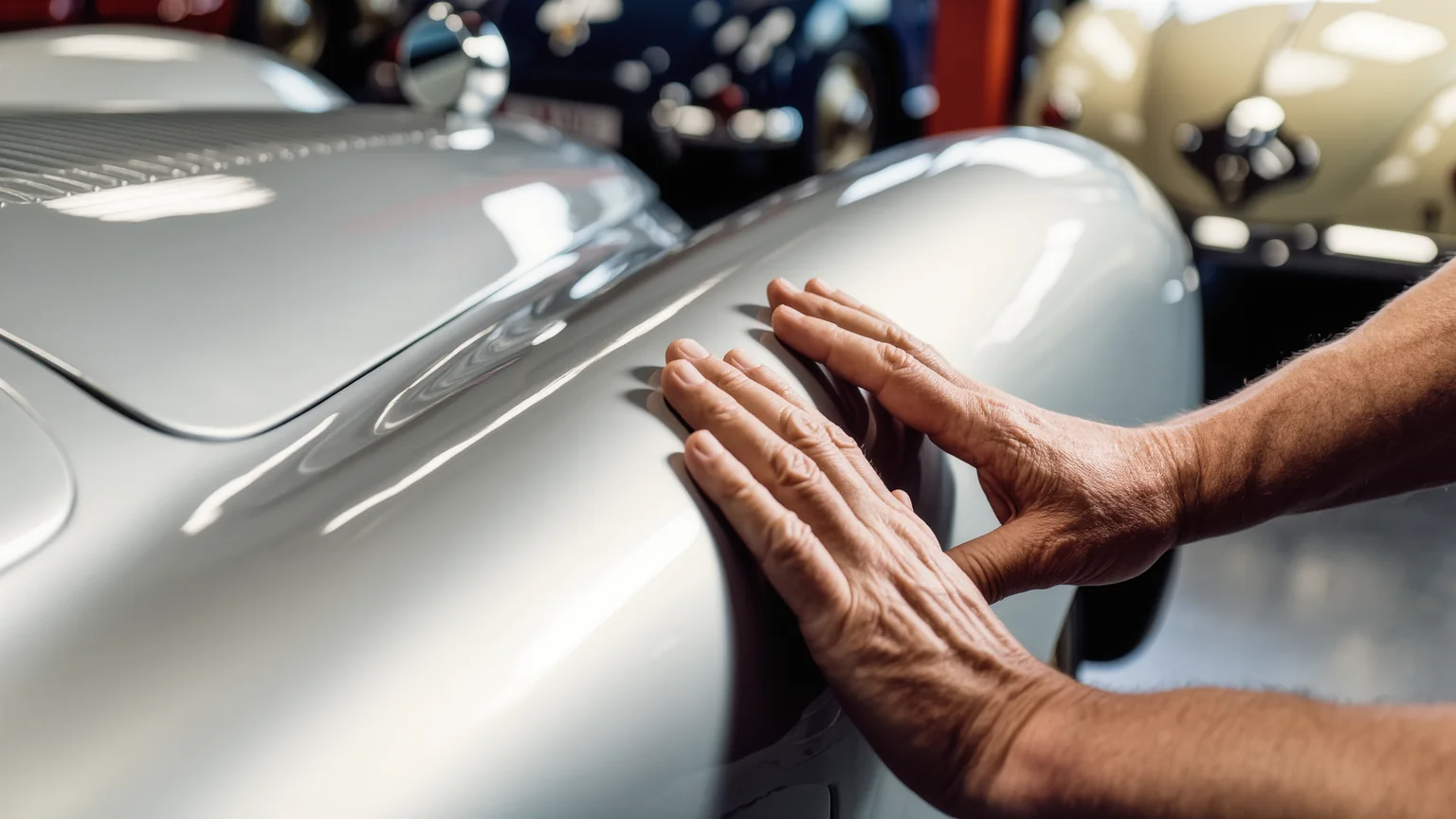 Person prüft prüfend die Karosserie eines klassischen Automobils