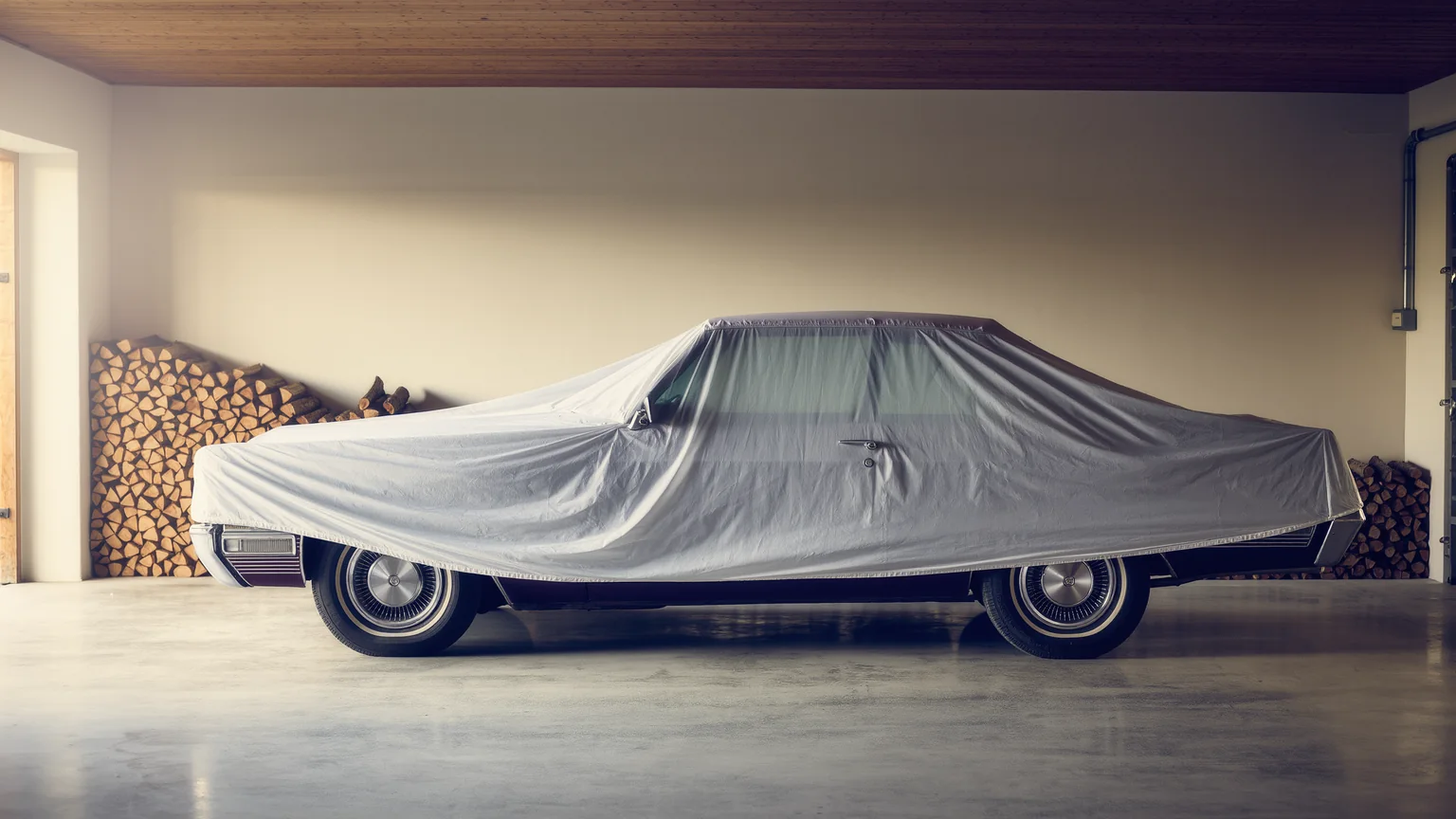 Klassisches Automobil unter einer Schutzhülle in einer trockenen Garage