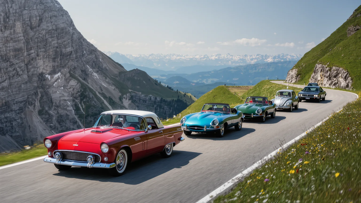 Klassische Automobile auf einer malerischen Landstraße bei einer Ausfahrt