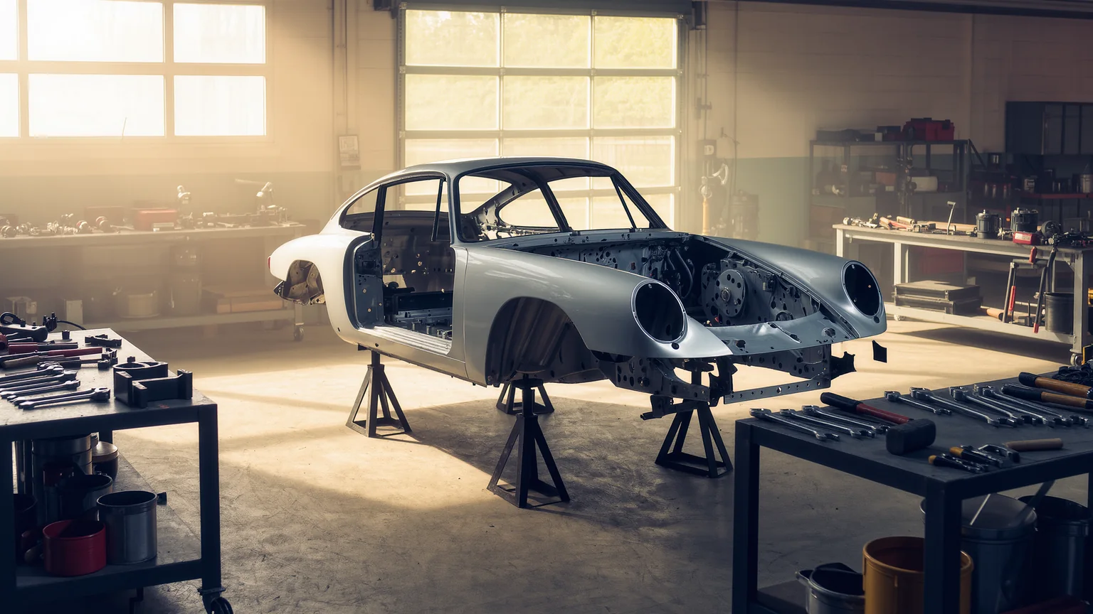 Klassisches Automobil in einer Werkstatt während einer sorgfältigen Restaurierung