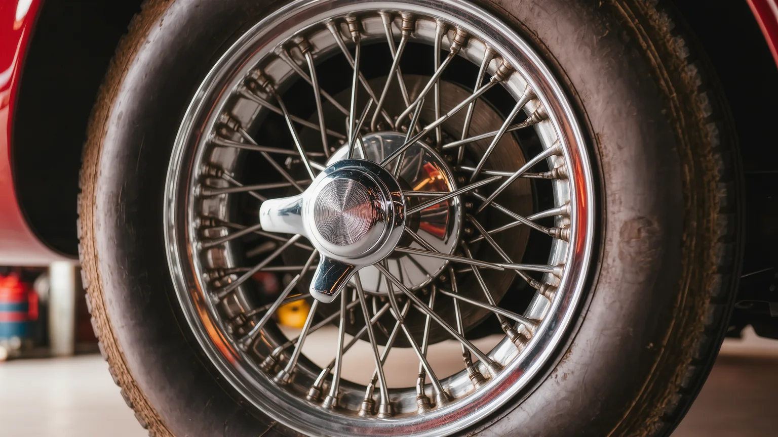 Klassisches Speichenrad mit passendem Reifen an einem Oldtimer