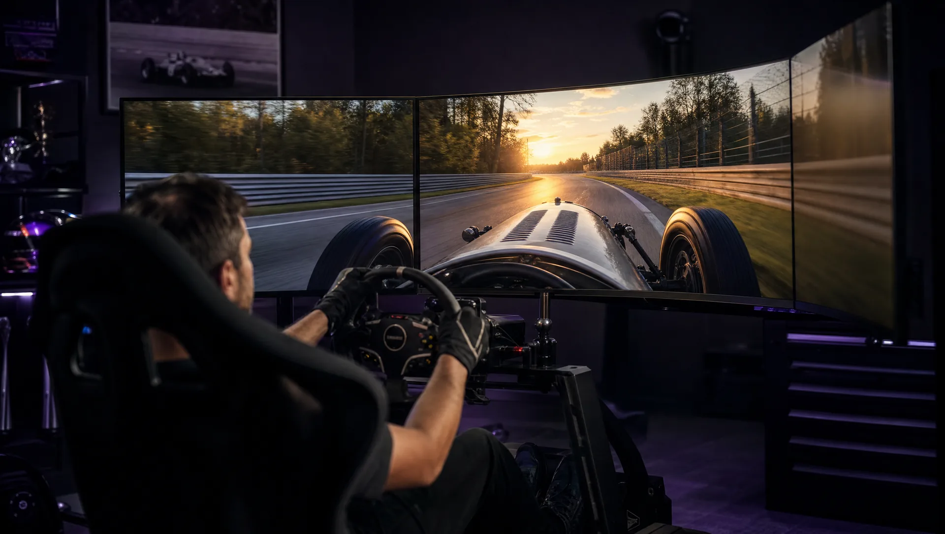 Motion-rig racing simulator at Sim.Racing Center Mallorca recreating a classic race car on a laser-scanned circuit