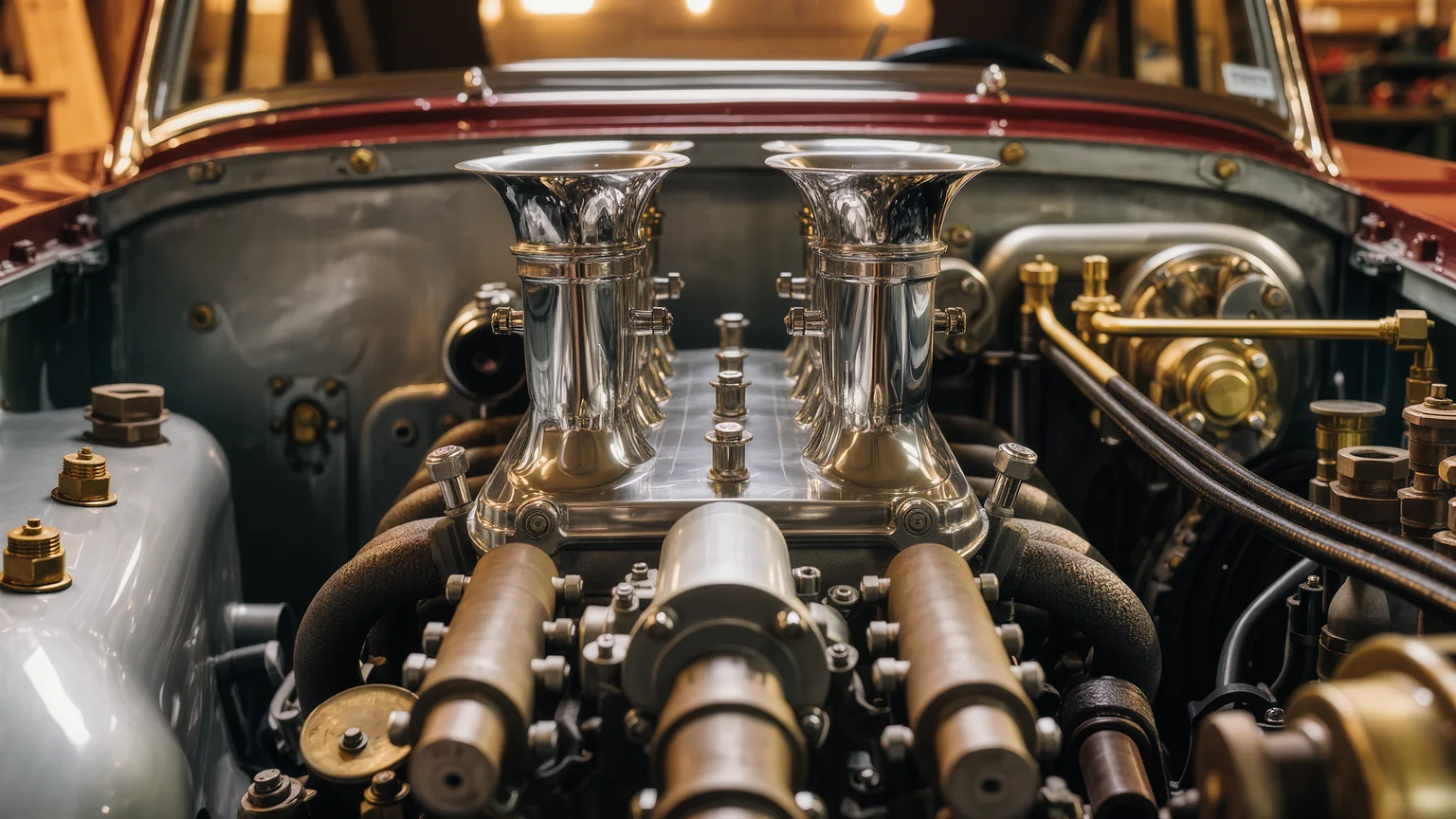 Klassischer Motor mit sichtbaren Vergasern in einem gepflegten Motorraum