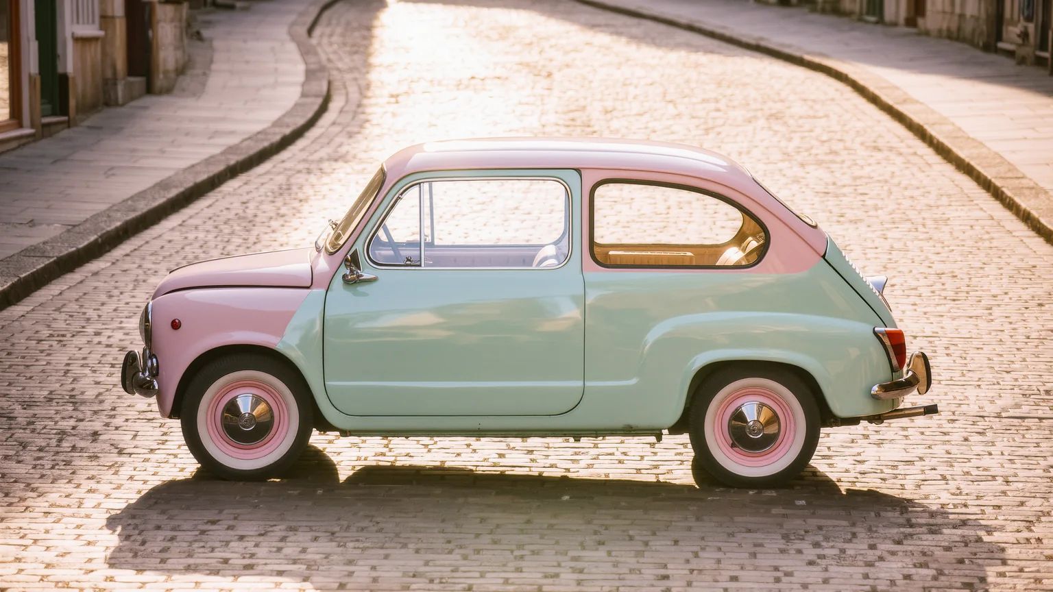 Klassischer VW Käfer in der Seitenansicht auf einer sonnigen Straße