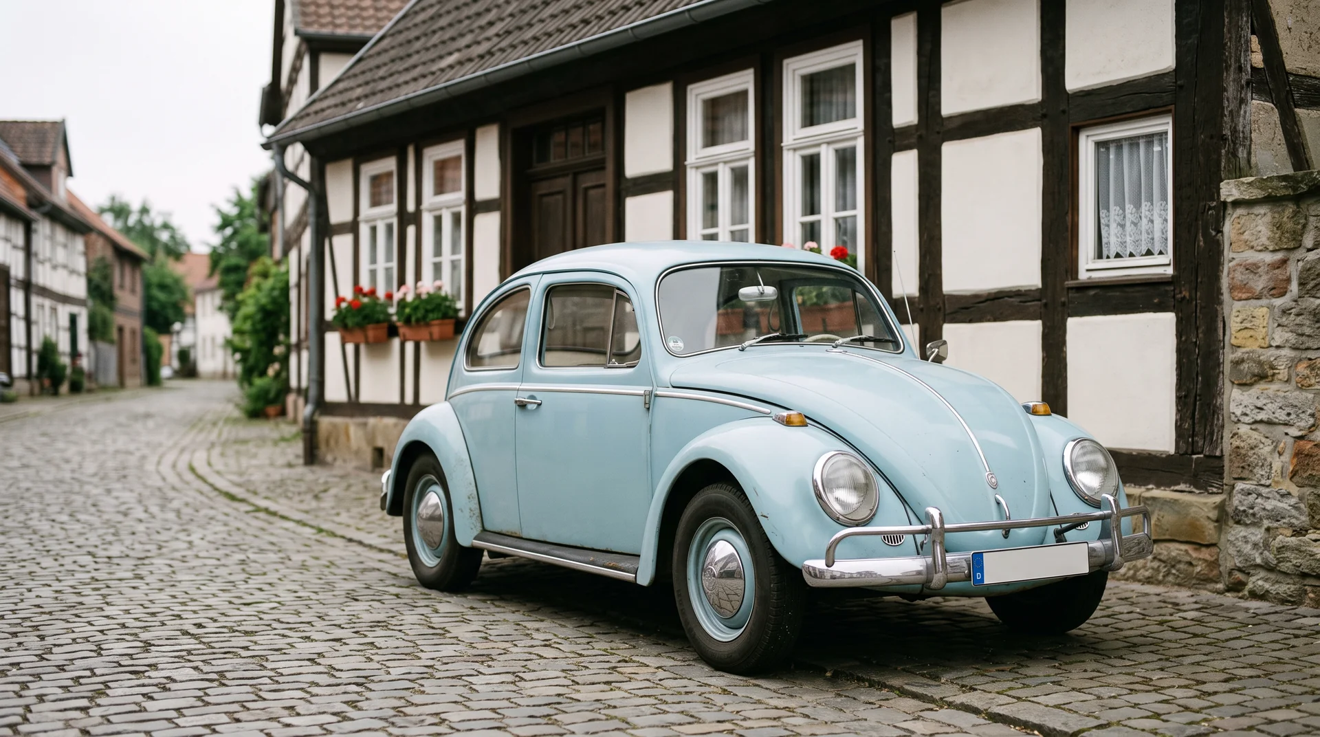Hellblauer VW Käfer vor einem Fachwerkhaus in einer Dorfstraße mit Kopfsteinpflaster